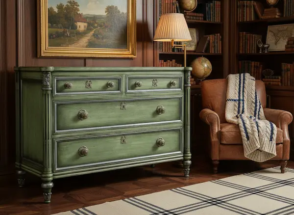 The Montclair Chest Montclair Chest – French Neoclassical Green Mahogany Chest of Drawers | Reeva Sethi Home Montclair Chest in sage green mahogany with neoclassical carved posts, styled in a Ralph Lauren–inspired library with armchair and plaid throw.