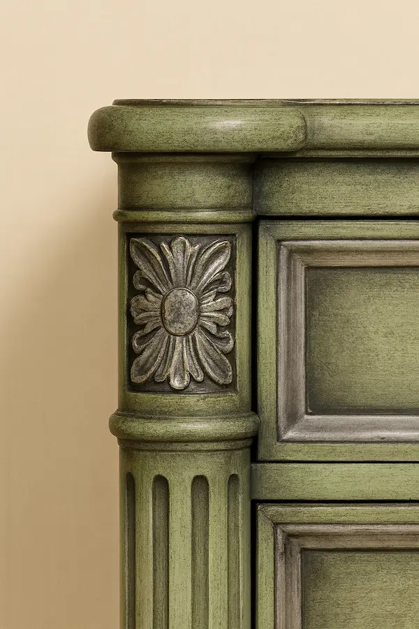 Montclair Chest – French Neoclassical Mahogany Heirloom Furniture | Reeva Sethi Home Montclair Chest – French neoclassical mahogany chest of drawers with fluted posts, floral carvings, and brass hardware by Reeva Sethi Home.