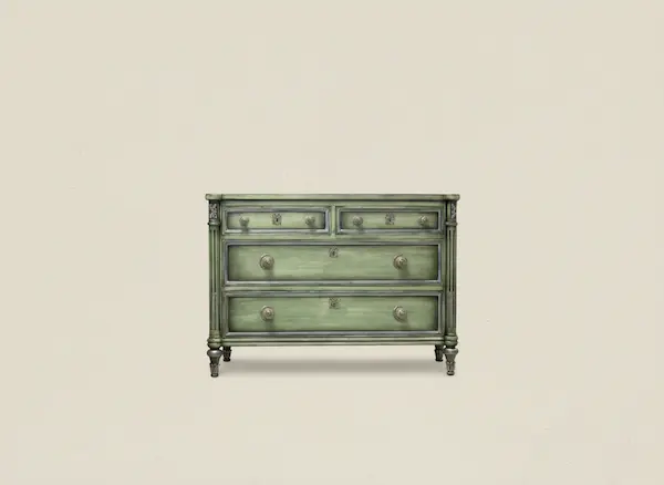 Antique Green Neoclassical Chest of Drawers | Luxury French Linen Style Furniture Antique green French neoclassical chest of drawers with brass hardware on a French Linen Ivory background, styled for luxury interiors.