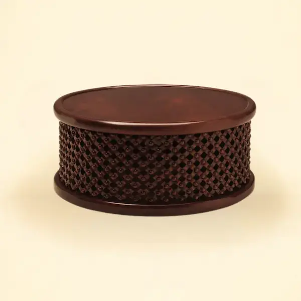 Bamileke Drum Table – Hand-Carved Mahogany Design Bamileke Drum Table hand-carved in mahogany with geometric lattice carving
