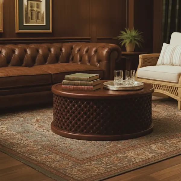 Bamileke Drum Table – Styled in Luxury Living Room Bamileke Drum Table styled in a living room with leather sofa and rug
