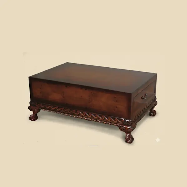 Hand-carved mahogany Dayton Coffee Table with burl marquetry top, clawfoot legs, and brass-handled drawers
