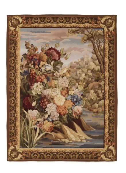 Floral European-style wall tapestry in ornate gold frame – part of the Reeva Sethi Home collection of handwoven tapestries, heritage wall art, and timeless textile décor.