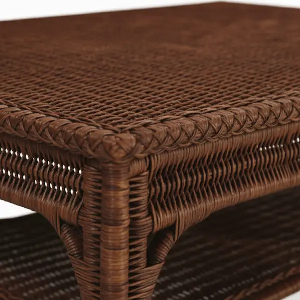 Sierra Woven Cocktail Table – Wicker Weave and Braided Trim Detail Close-up detail of Sierra Woven Cocktail Table corner showing wicker weave and braided trim
