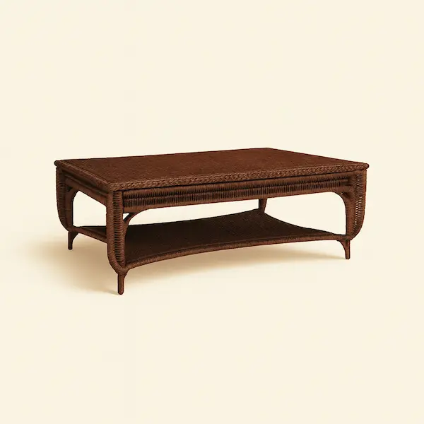 Sierra Woven Cocktail Table – Handwoven Wicker Coffee Table Sierra Woven Cocktail Table handwoven in wicker with braided trim and lower shelf
