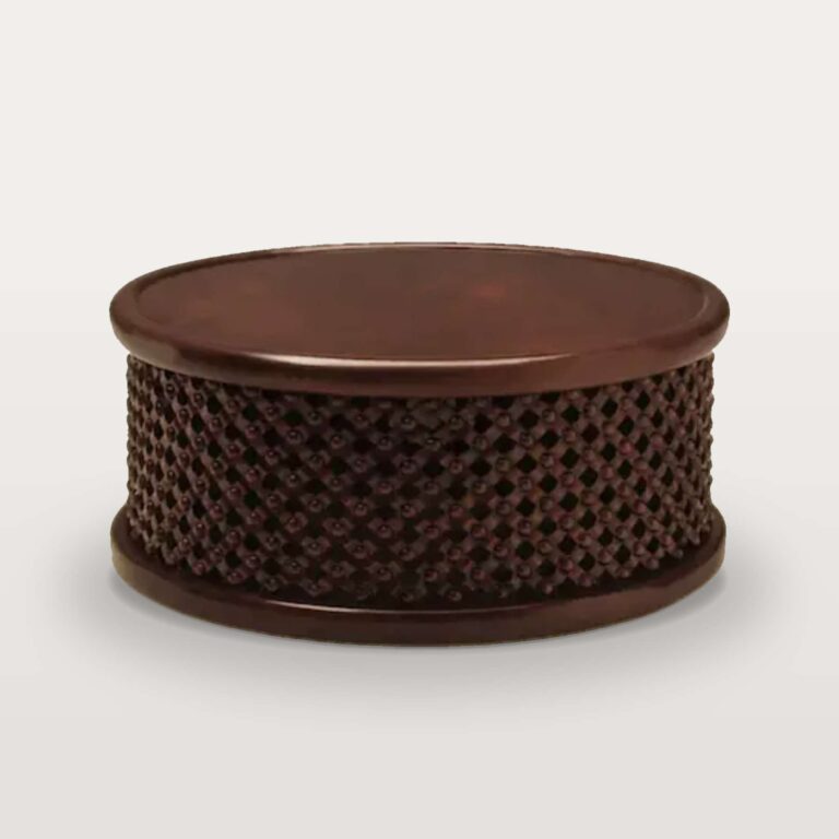 Bamileke drum coffee table hand-carved in solid mahogany, with a polished round top over an openwork lattice drum, 39 inches across