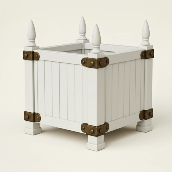 Château Garden Planter in solid teak with turned finials and antiqued brass corner brackets.