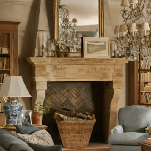 Historic Palo Alto home interior with stone fireplace and traditional furnishings