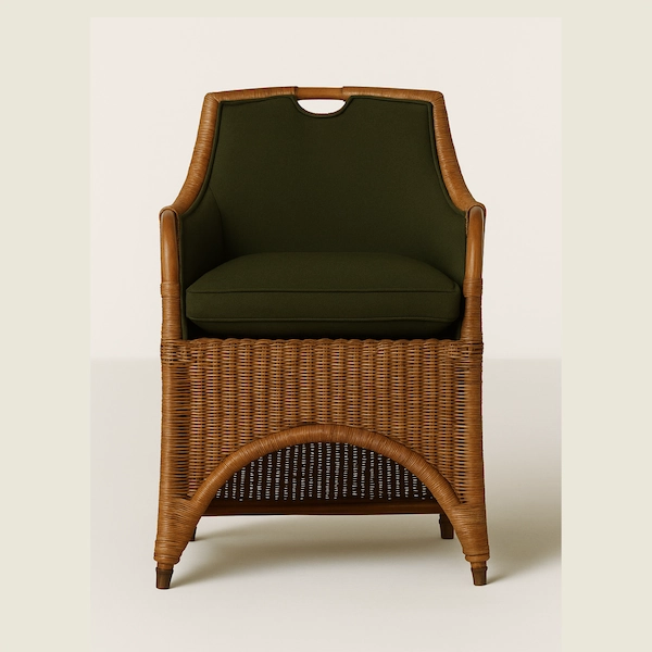Front view of the Kingston Wicker Dining Chair with dark seat cushion