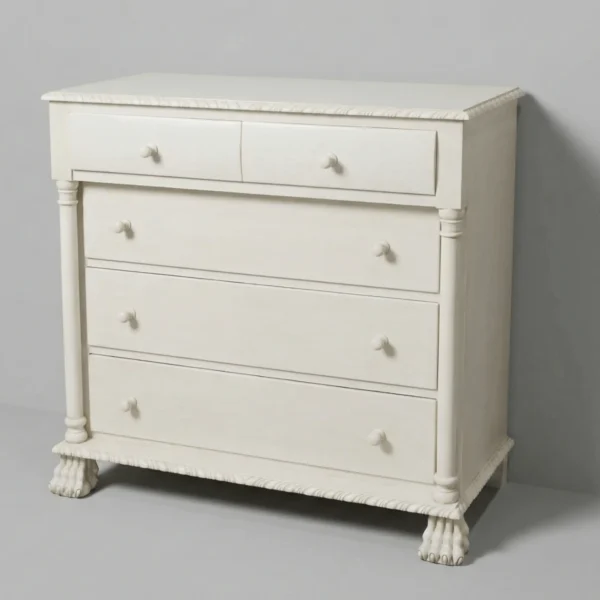 Chatham dresser in antiqued ivory mahogany shown from an angled view with four drawers, rope carved trim and turned posts.