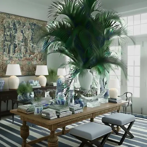 Dark mahogany refectory table anchoring a room mixing antiques with modern furniture
