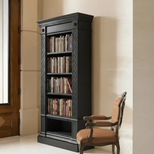 Sovereign Carved Library Cabinet in mahogany styled in tech executive home study with luxury fabric