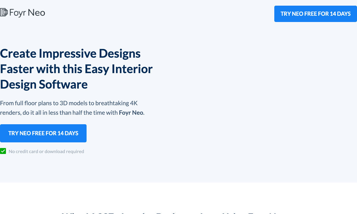 Foyr Neo website showing 3D interior render examples