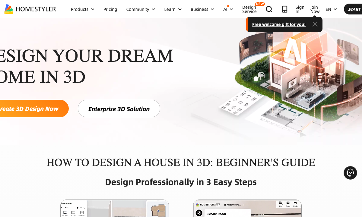 Homestyler homepage with 3D design previews