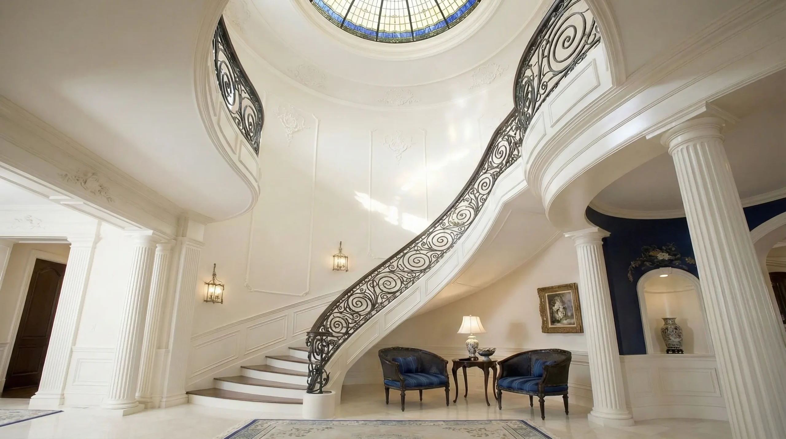 Grand double staircase featuring intricate wrought iron railings and classical columns in a luxury Bay Area estate entry hall, showcasing architectural scale and natural light."