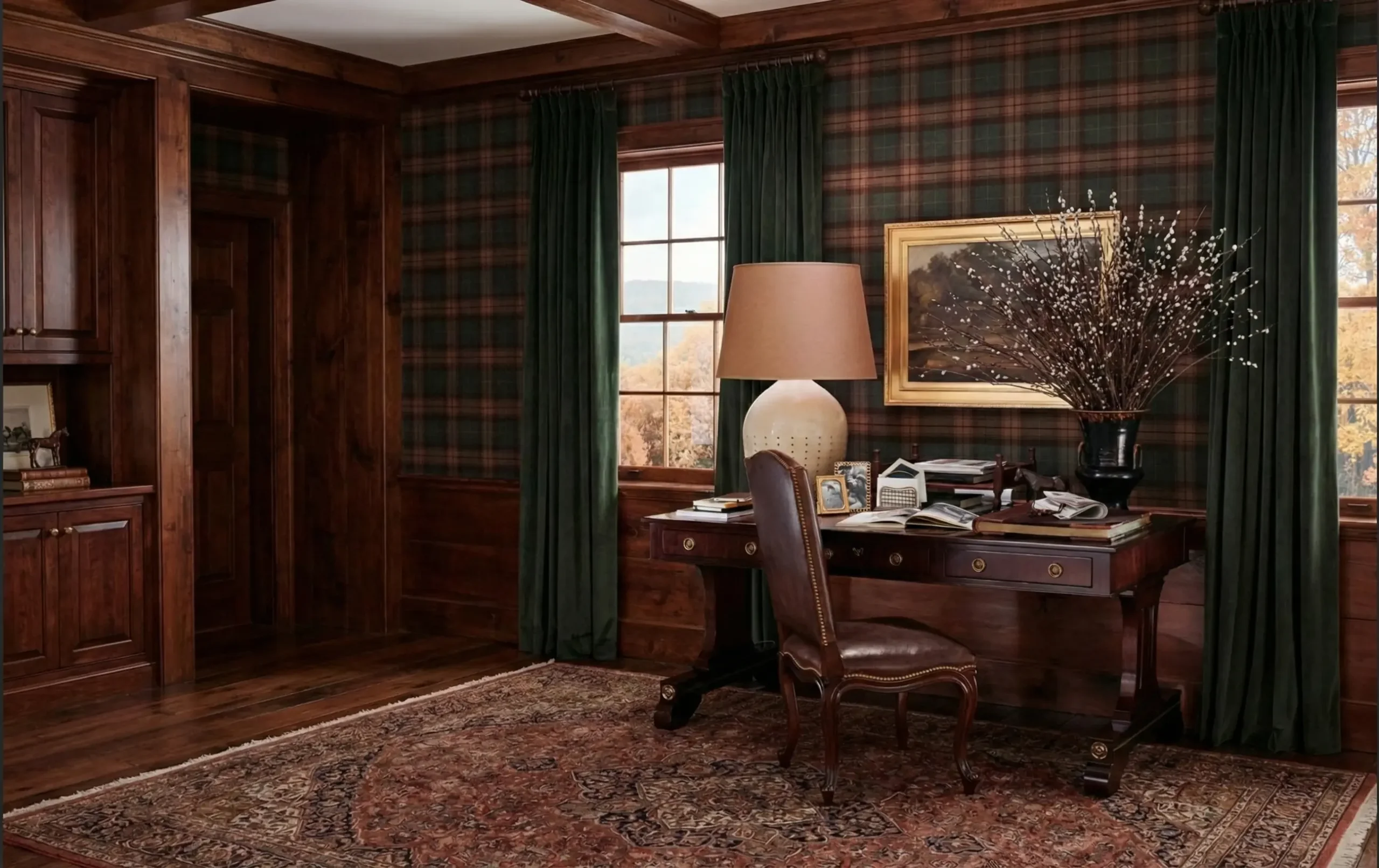 Wide shot of a luxury executive private study in Saratoga featuring heritage plaid wallpaper, a solid mahogany desk, green velvet drapes, and a large hand-woven area rug
