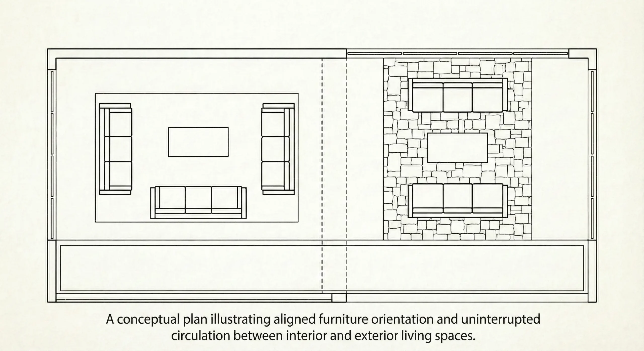 Architectural floor plan showing seamless flow between indoor living room and outdoor terrace furniture layouts