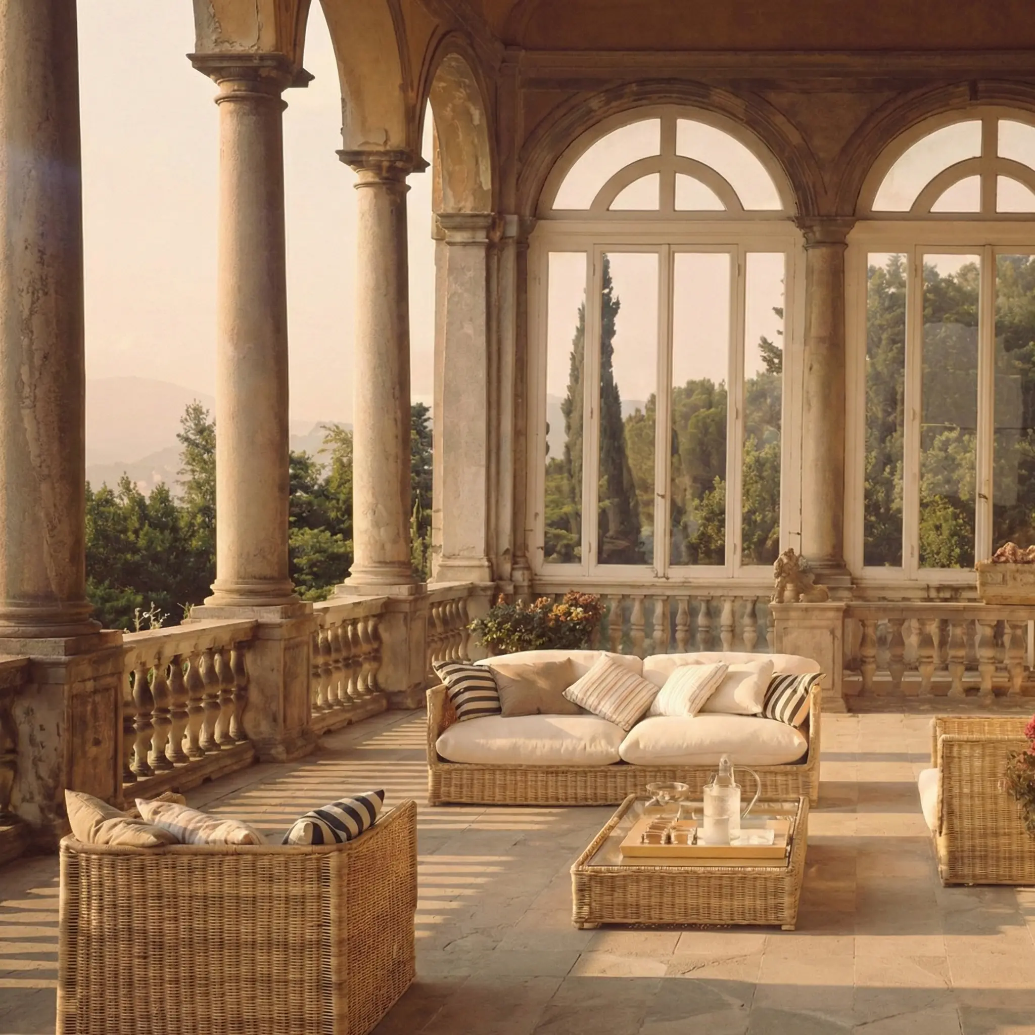 Luxury rattan sofa seating in a covered loggia in a Saratoga estate, demonstrating indoor-outdoor living design