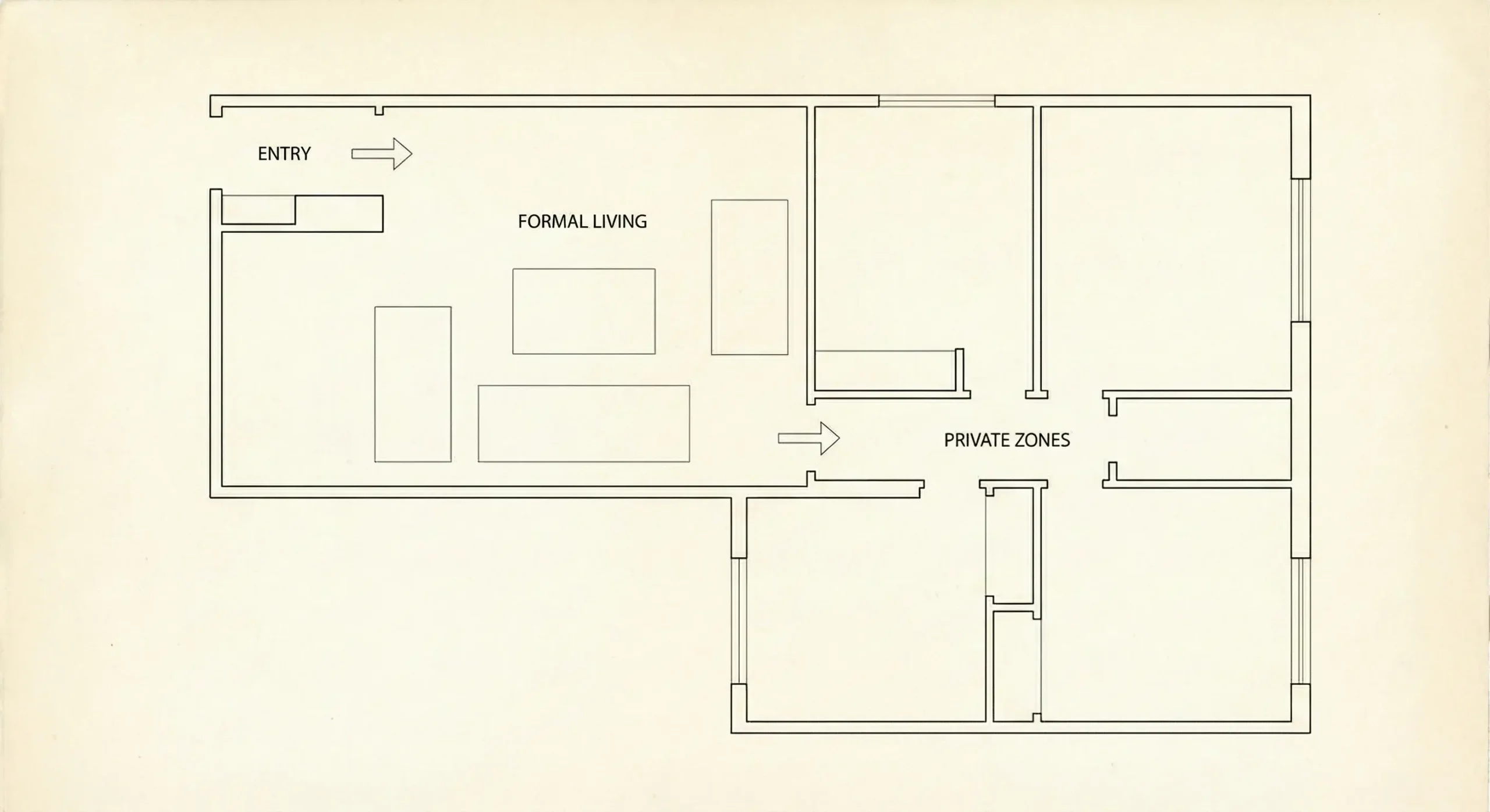 Architectural floor plan diagram illustrating the flow from entryway and formal living areas to separated private zones in a Monte Sereno luxury estate.