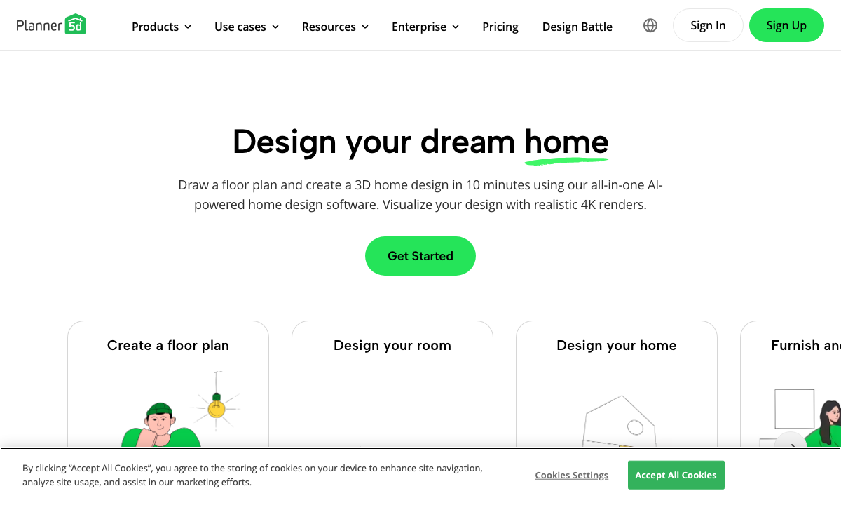 Planner 5D homepage showing room planning interface