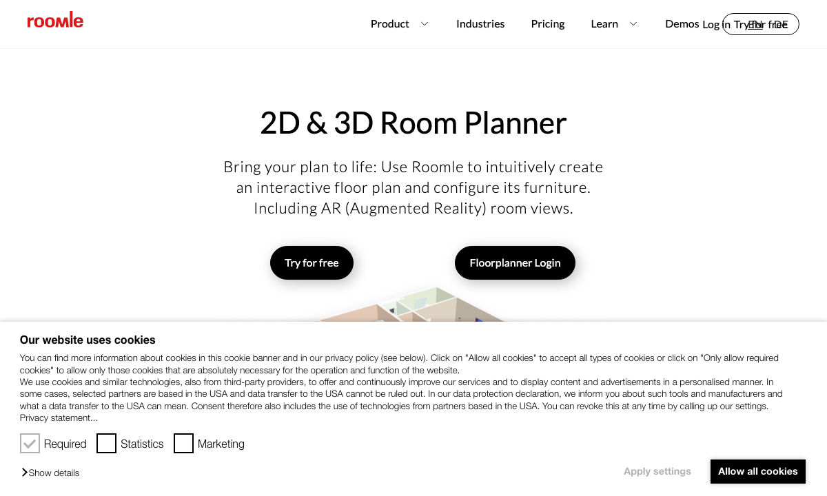 Roomle floor planner page with 2D/3D tools