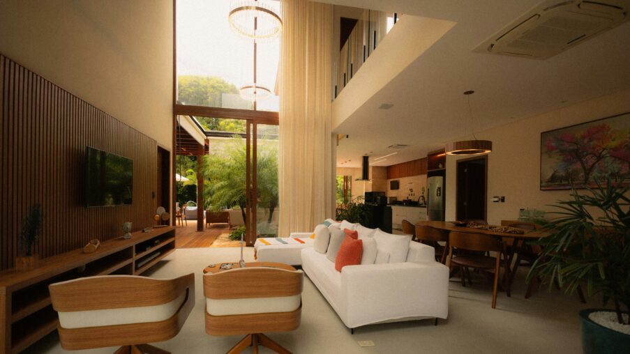Contemporary Mountain View living room with modern furniture and large windows