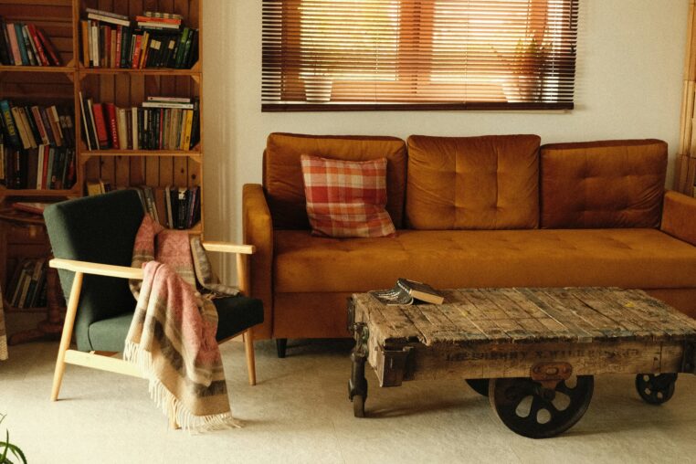Living room with natural fiber rug, showing jute or sisal rug under furniture arrangement
