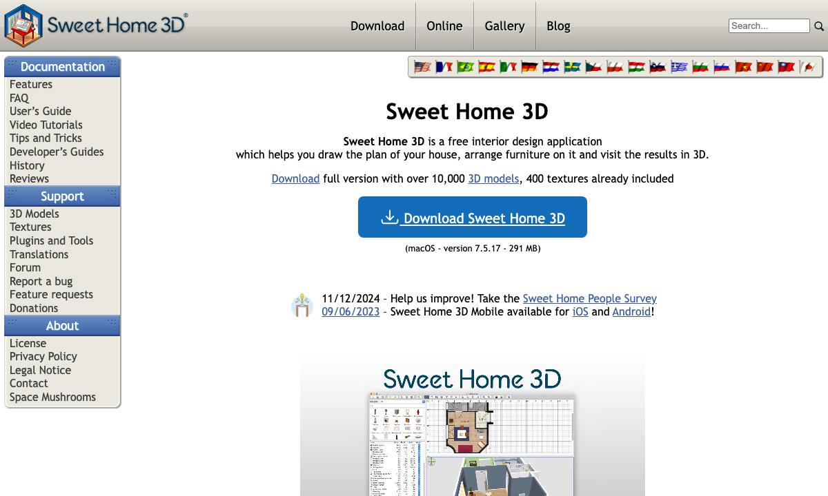 Sweet Home 3D website showing 2D plan and 3D view
