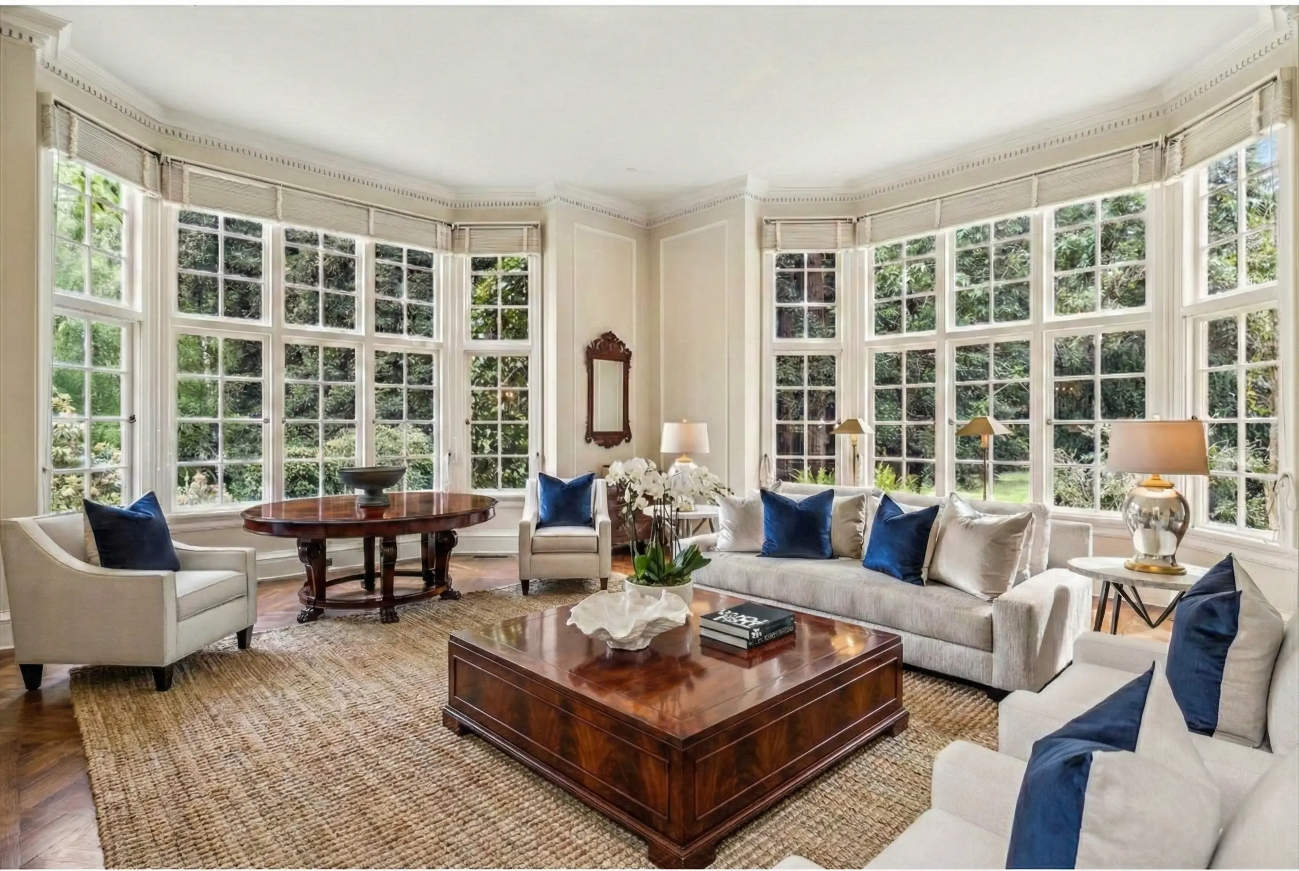 Expansive Woodside estate great room featuring floor-to-ceiling windows, a substantial mahogany coffee table, and natural fiber rugs designed for indoor-outdoor California living