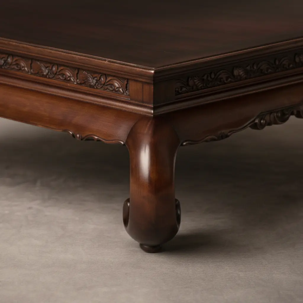 Detail close-up of carved mahogany on the Ashbourne Low Table