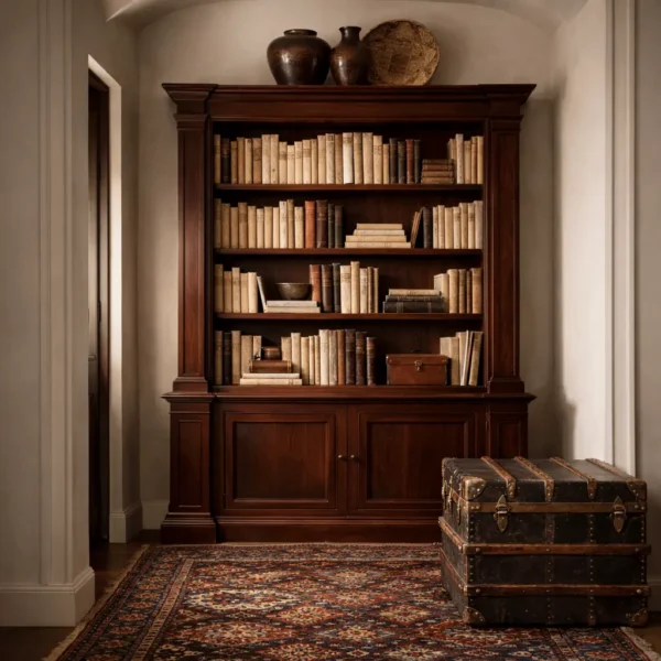 Mahogany bookcase set in an arched alcove with antique books, ceramic vases, and a handwoven Soumak rug at Reeva Sethi Home showroom in Saratoga, California