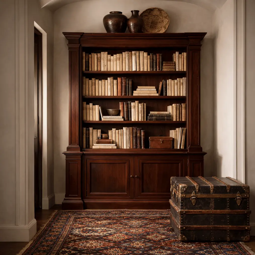 Mahogany bookcase set in an arched alcove with antique books, ceramic vases, and a handwoven Soumak rug at Reeva Sethi Home showroom in Saratoga, California