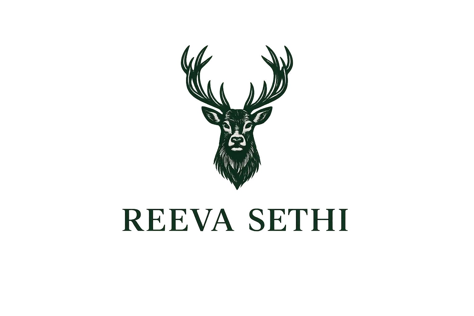 Reeva Sethi Crest logo with a hand-illustrated stag in deep green on a transparent background