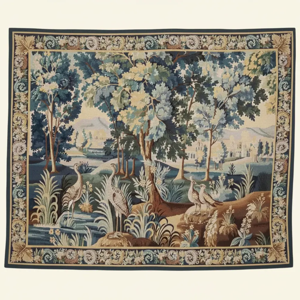 Verdure aux Oiseaux handwoven wool and silk tapestry with classical verdure landscape and decorative floral border