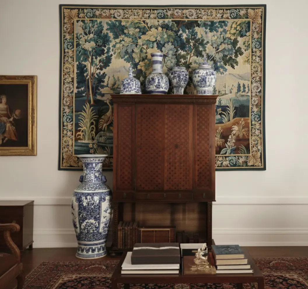 Verdure aux Oiseaux handwoven tapestry displayed as architectural wall art in a traditional living room with antique cabinet and blue-and-white porcelain