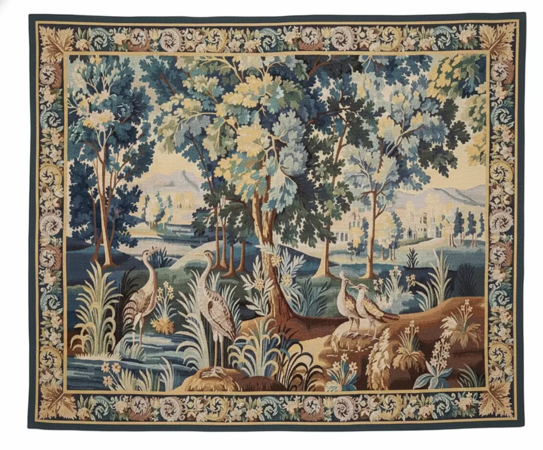 Verdure aux Oiseaux handwoven tapestry in wool and silk, full view