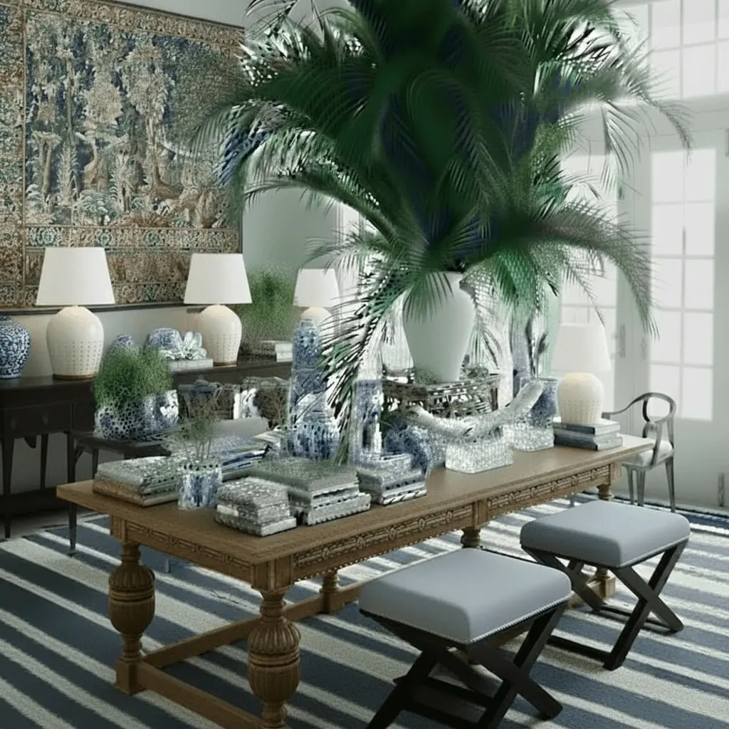 British Colonial refectory table styled with blue and white ceramics and indoor palms, curated by RS Studio Saratoga