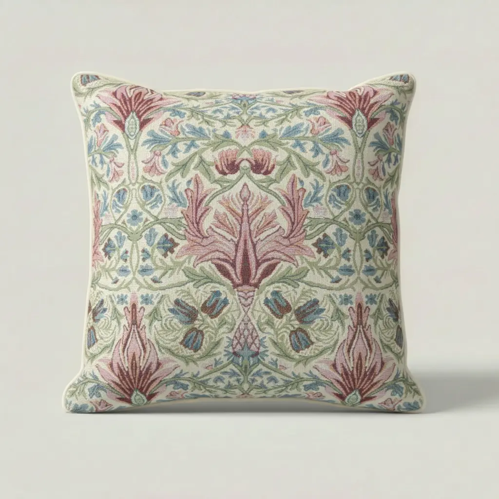 Garden Tapestry Throw Pillow with Arts and Crafts–inspired woven floral front