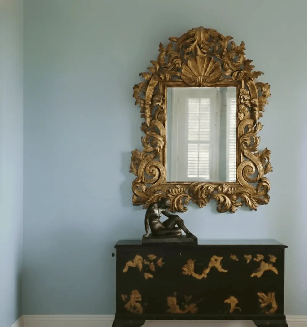 Gilded classical mirror above a hand-painted cabinet in a heritage interior, RS Studio Saratoga