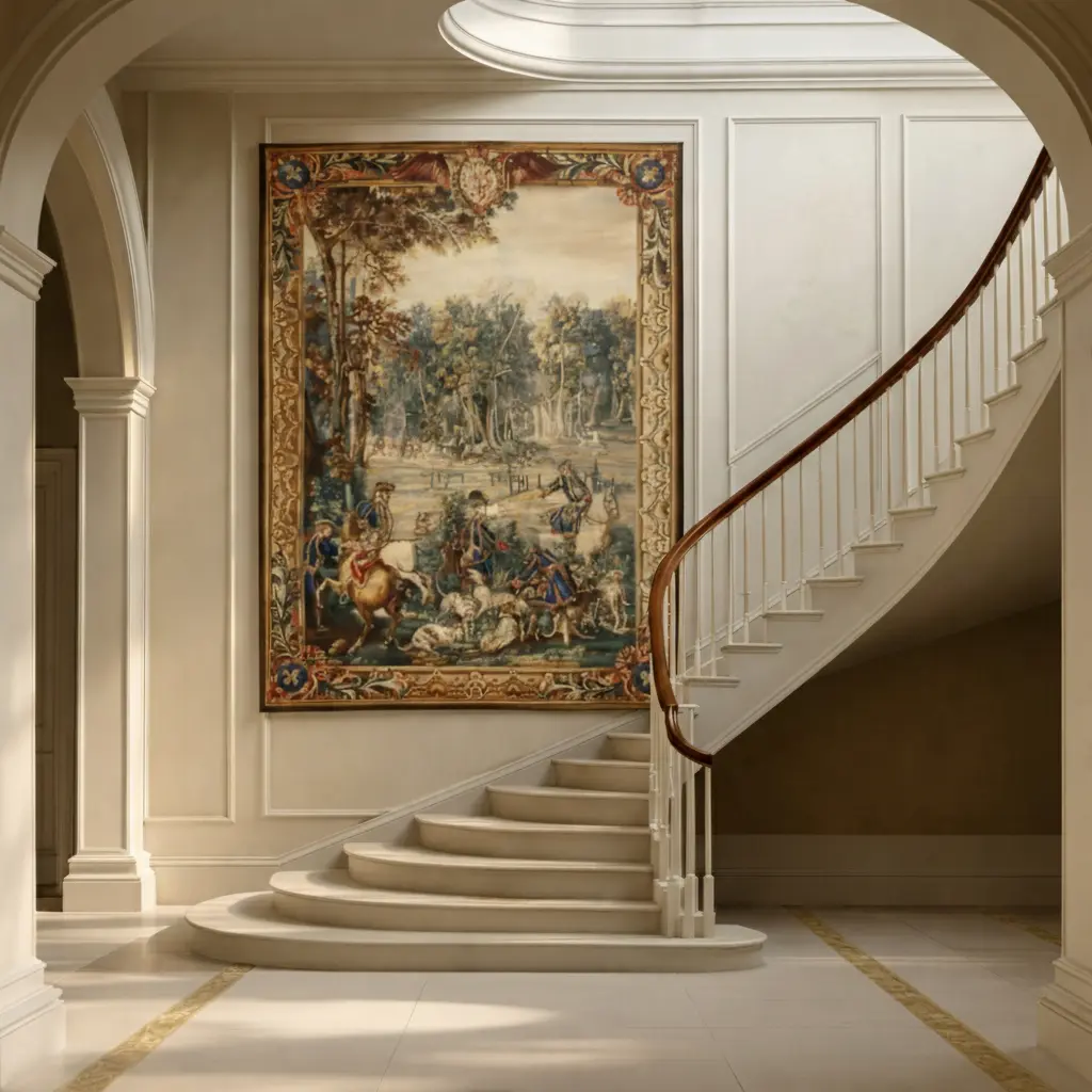 Antique tapestry mounted above a grand curved staircase, anchoring scale and proportion in a classical interior