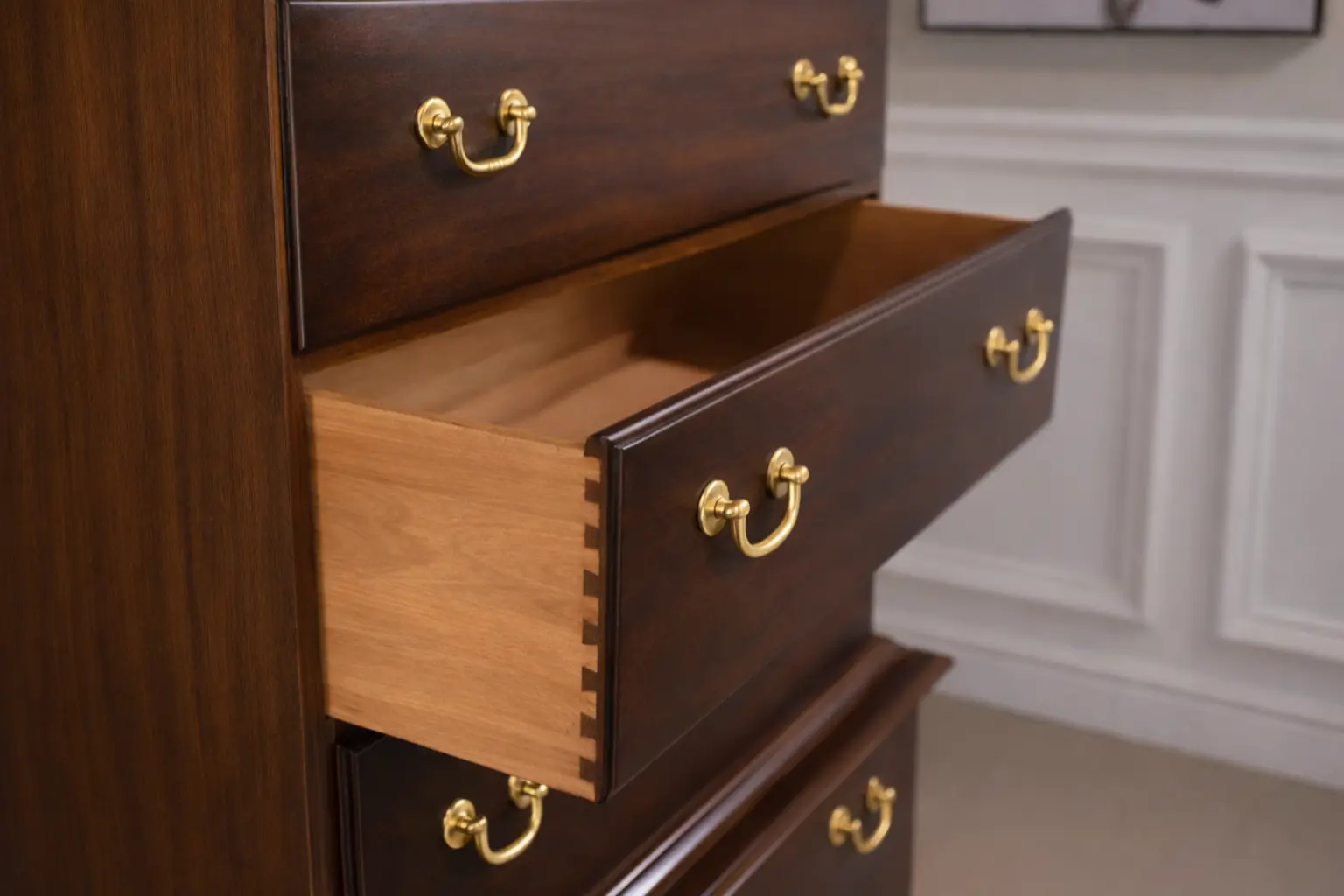 Hand-cut dovetail drawer in solid wood with brass hardware, showing durable drawer construction