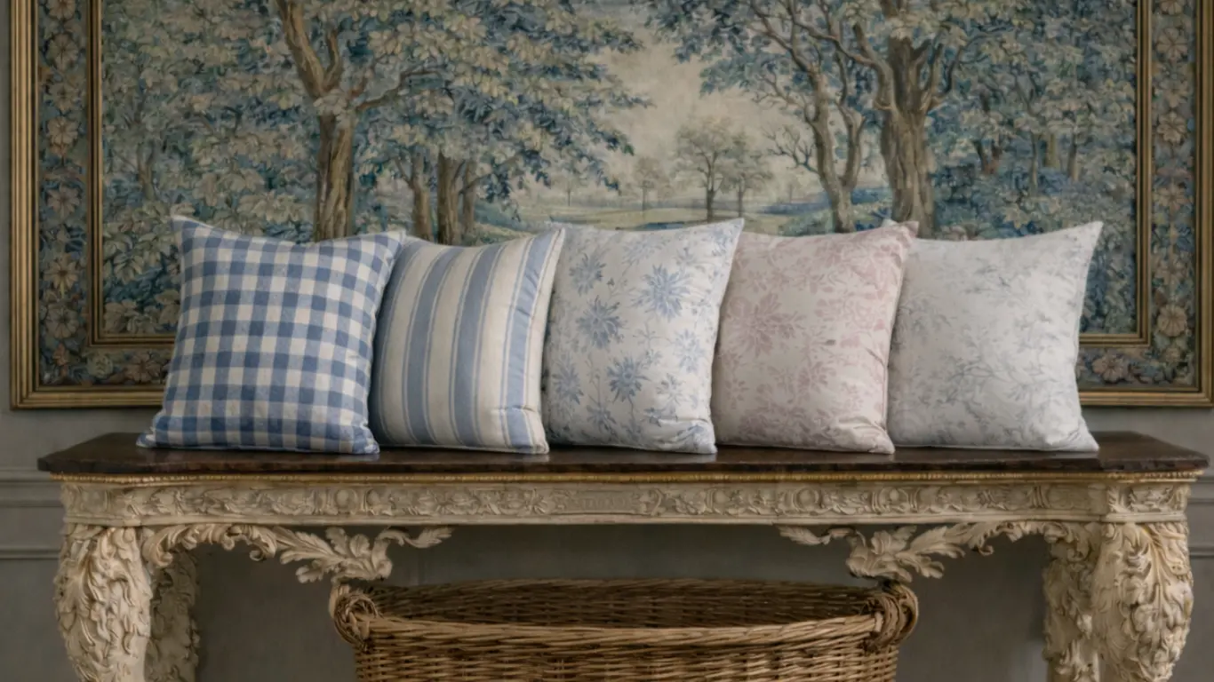 Heritage blue floral throw pillows styled in a classic interior at Reeva Sethi Home