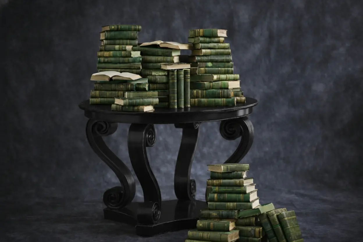 Heritage green antique books on a classical pedestal table, a collected detail in Anglo-Colonial interiors