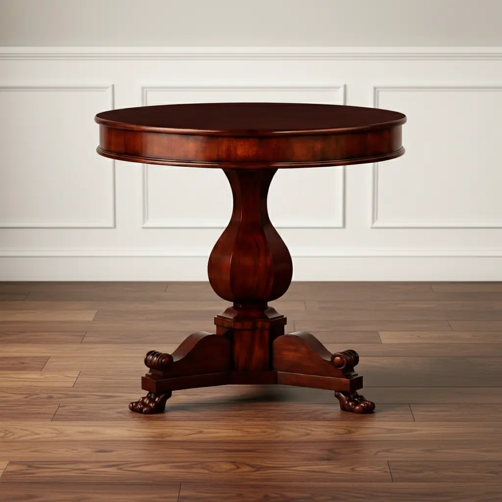 Round mahogany pedestal table with traditional base construction, photographed in a classic interior setting
