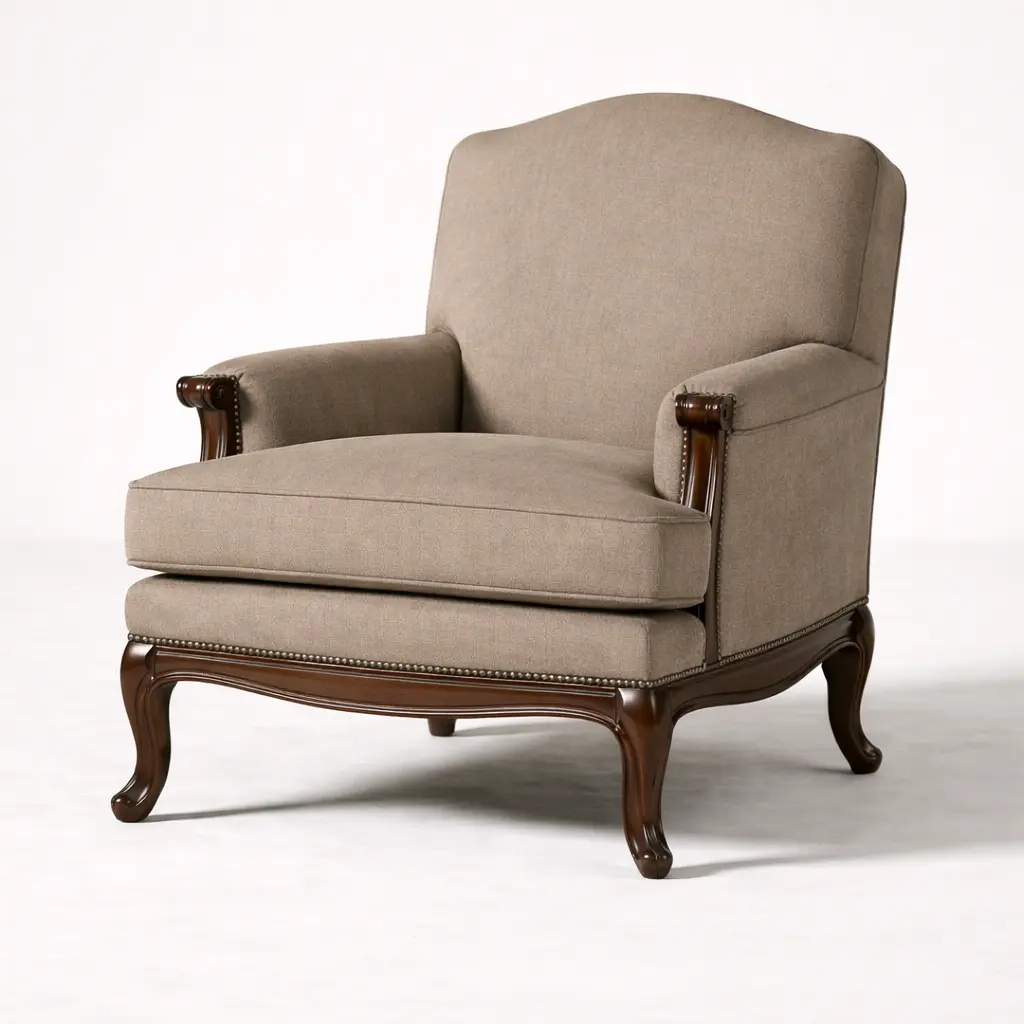 Montreux bergère chair in three-quarter view — solid mahogany frame with tailored upholstered seat and enclosed arms, shown in the RS Studio showroom in Saratoga, California