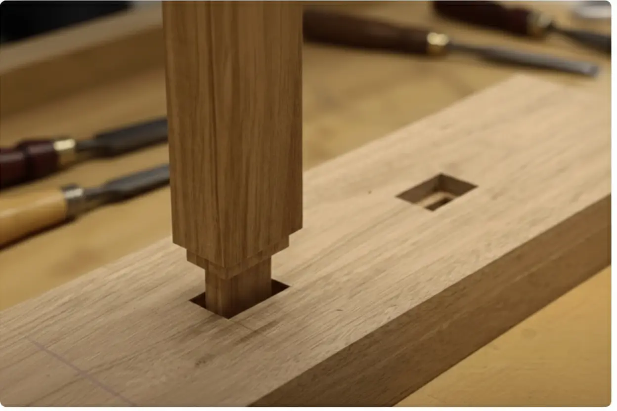 Mortise-and-tenon joint in solid wood frame, showing traditional furniture joinery before assembly