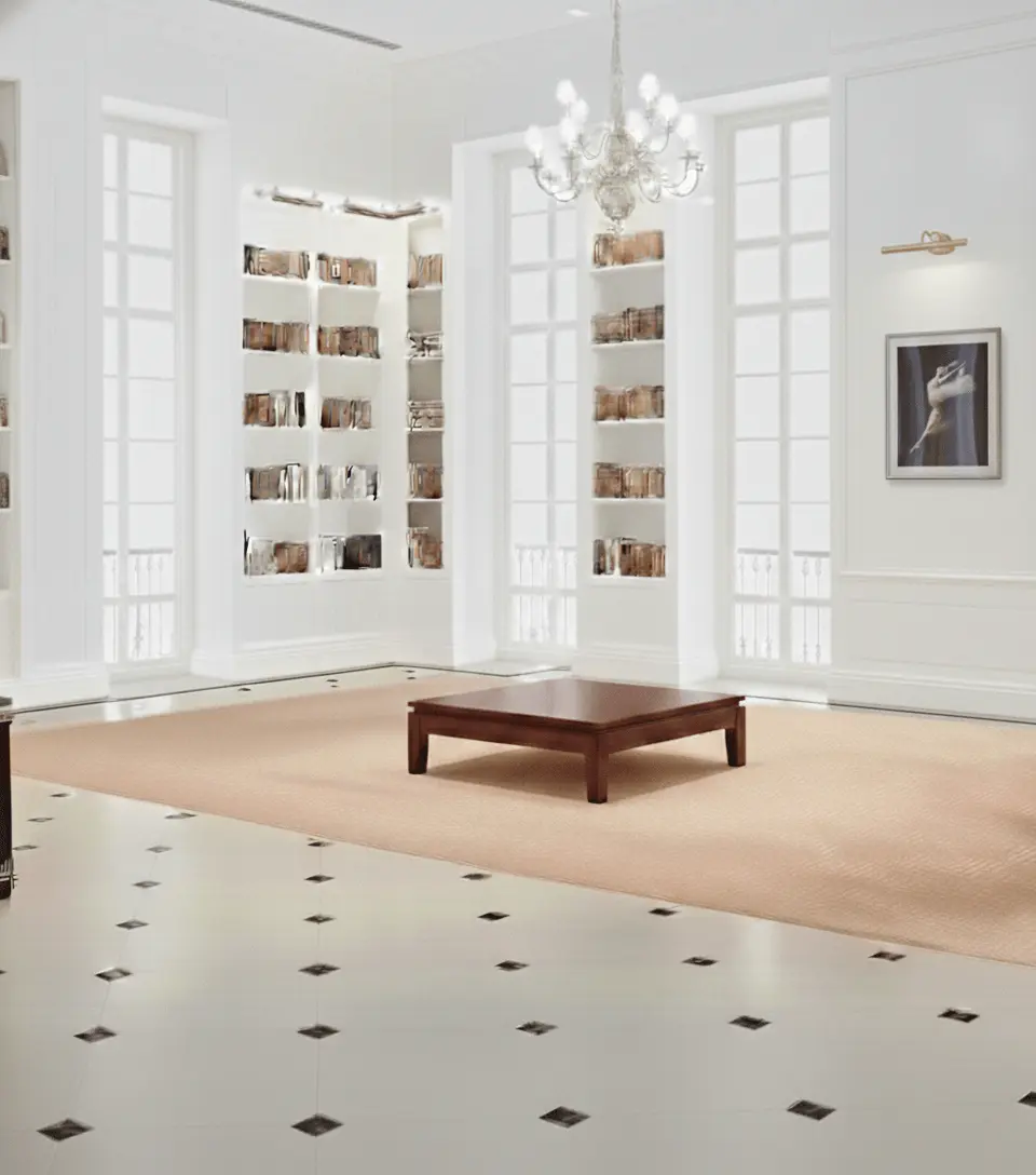 Handwoven rug beneath a table with artwork in the background — showing the relationship between ground, surface, and art — Reeva Sethi Home