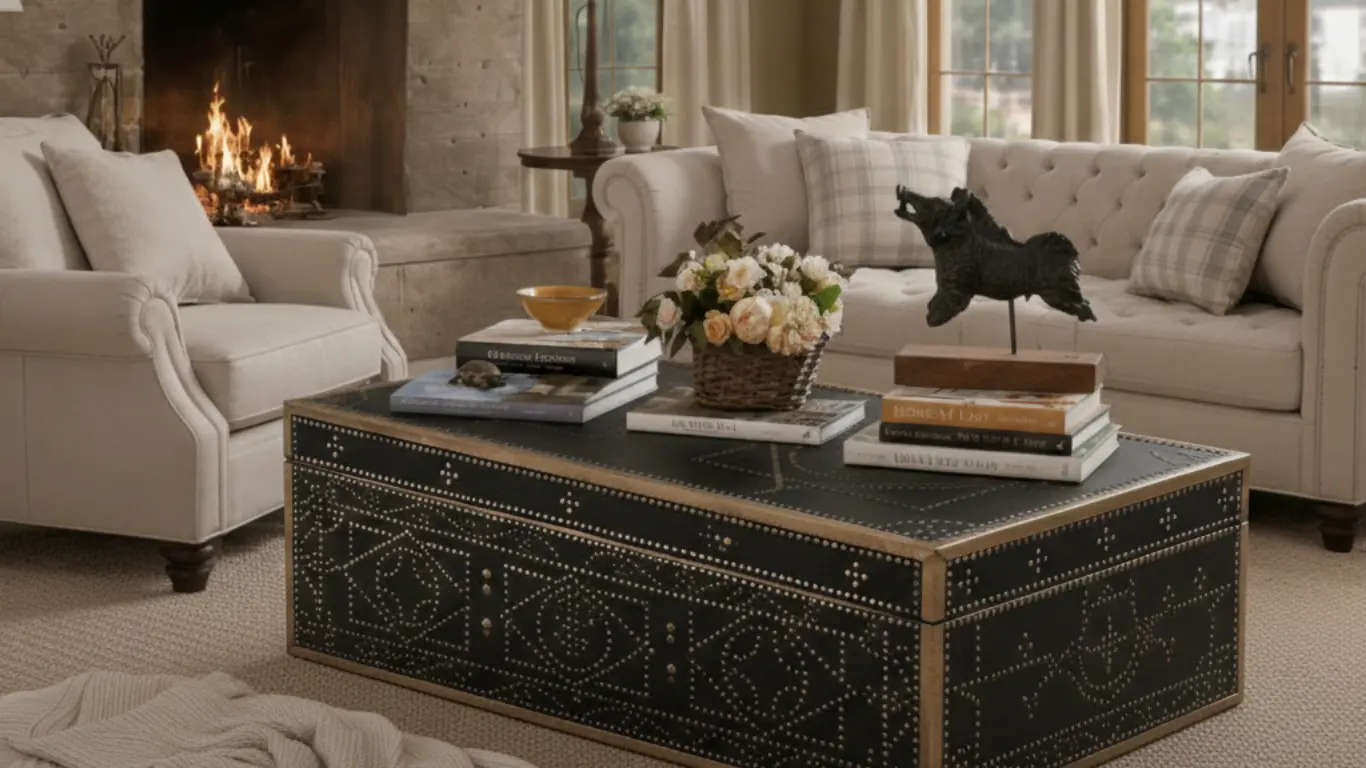 Black nailhead trunk used as a coffee table in a warm, composed living room with neutral seating, stone fireplace, layered books, and relaxed textiles — Reeva Sethi Home, Saratoga CA