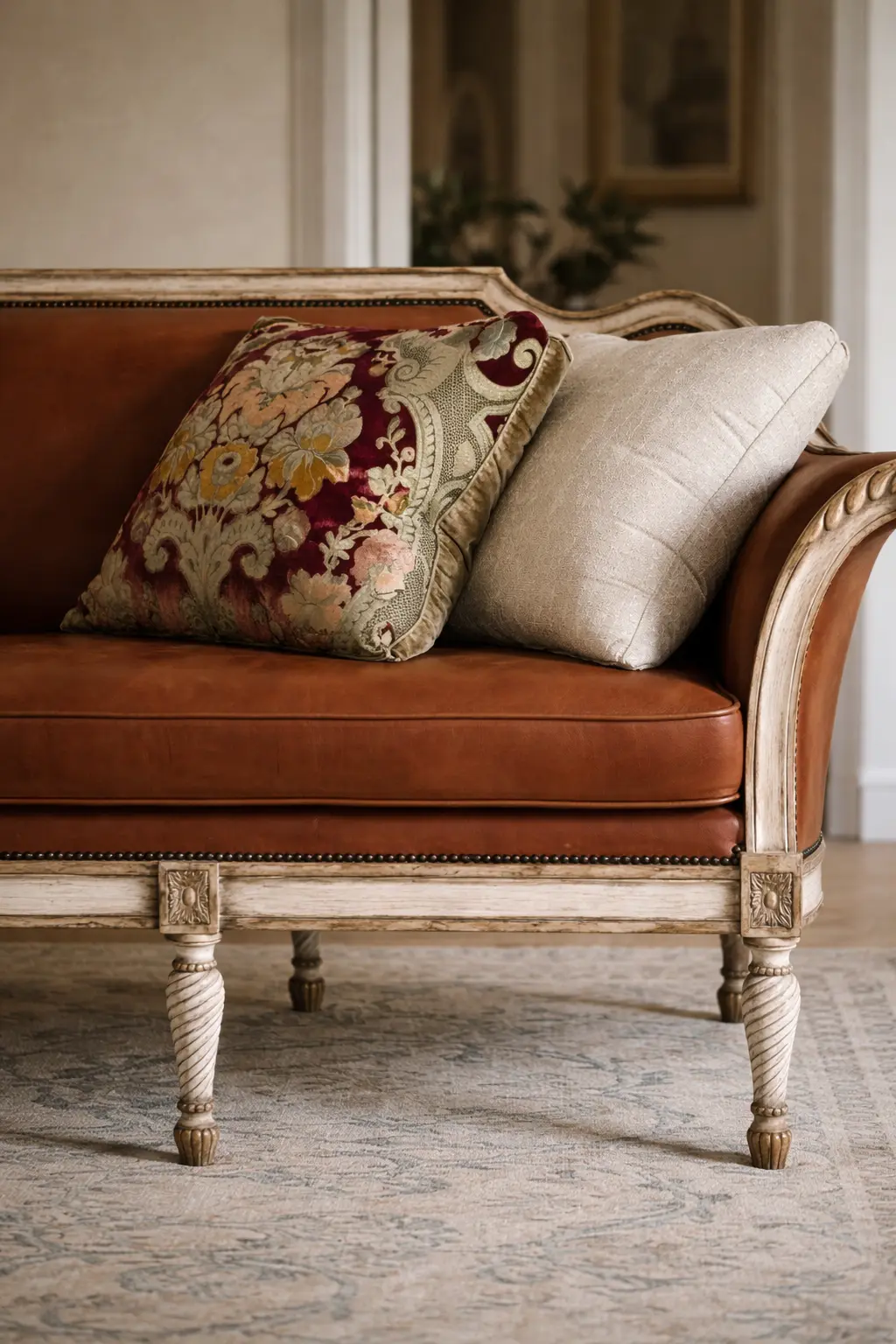 Layered antique rug and upholstery detail — the grounded, rug-first method practiced at Reeva Sethi Home