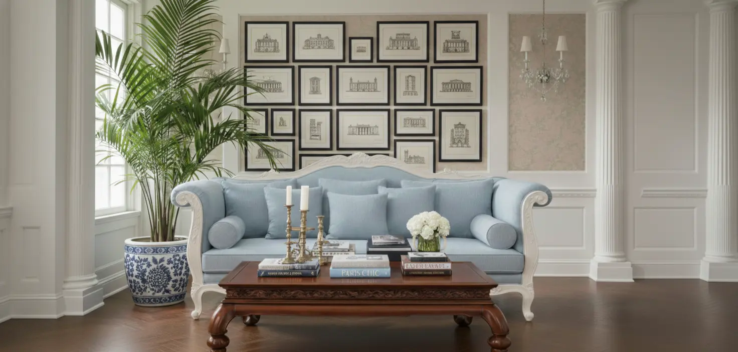 Versailles Salon Settee in an architectural room setting at Reeva Sethi Home